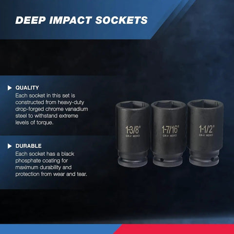 Three Quarter Inch Drive Impact Socket Set, SAE 1 Inch To 1 And A Half Inch, 8 PC Deep Jumbo Sockets, black oxide finish shown in detail