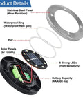 Diagram showing parts of a 12 Pack Solar Ground Lights For Outdoor Garden In Ground Disk Landscape LED Lights Waterproof Pathway Yard Lights With A Warm Lit Glow, including solar panels, battery, and waterproof ring.