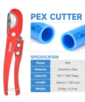 Red PEX cutter with aluminum alloy construction, compatible with 1/8"-1" PEX pipes, all-in-one PEX crimp tool kit item.