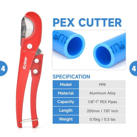 Red PEX cutter with aluminum alloy construction, compatible with 1/8"-1" PEX pipes, all-in-one PEX crimp tool kit item.
