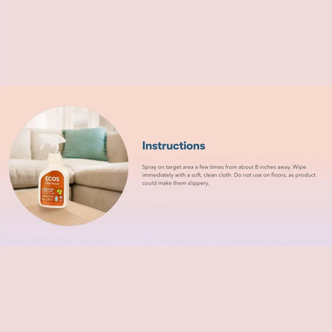 Eco Friendly Furniture Polish With Olive And Orange Oils For Wood Formica Particle Board And Vinyl Surfaces Gently Lifts Fingerprints Smudges And Dirt 22 Oz bottle next to couch on wooden table.