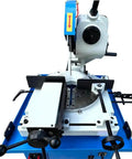 Heavy Duty 16 Inch Cold Cut Saw Built Like A Tank With Killer 4Hp Motor 220 Volt Three Phase Cuts Steel Aluminum Smooth Swivel Miter Sixty Degrees Double Vise Clamp Included, top view of saw with dual vise.