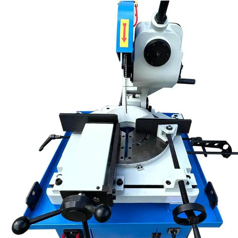 Heavy Duty 16 Inch Cold Cut Saw Built Like A Tank With Killer 4Hp Motor 220 Volt Three Phase Cuts Steel Aluminum Smooth Swivel Miter Sixty Degrees Double Vise Clamp Included, top view of saw with dual vise.