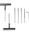 Heavy Duty Tire Repair Kit Featuring Ergonomic T Handle Puncture Patching Tool For Cars Trucks Motorcycles And Bicycles with tools layout.