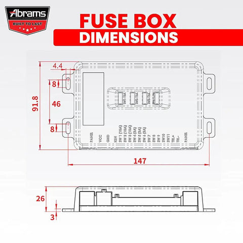 Detailed diagram of fuse box dimensions for 11-Gang LED Push Button Switch Panel For Offroad Vehicles And Emergency Lighting.
