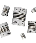 Rock Solid Heavy Duty Aluminum Bellows Coupling Delivering High Torque And Zero Slack On Flexible Shafts, various sizes displayed.