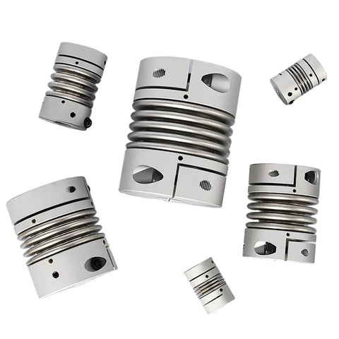 Rock Solid Heavy Duty Aluminum Bellows Coupling Delivering High Torque And Zero Slack On Flexible Shafts, various sizes displayed.
