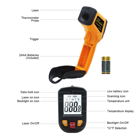 Non Contact Infrared Thermometer Gun With Laser Guide For Cooking And Home Use Measuring From -58 To 1112 F -50 To 600 C handheld device with display and batteries
