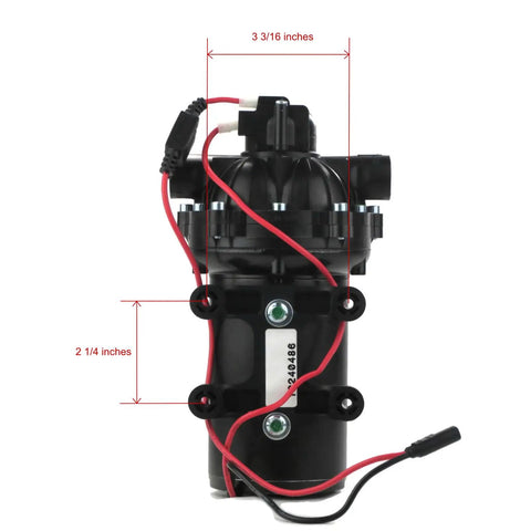 Heavy Duty 12 Volt Diaphragm Water Pump Brings Sweet 5.5 GPM Flow At 60 PSI Pressure with measurements of 3 3/16 x 2 1/4 inches.