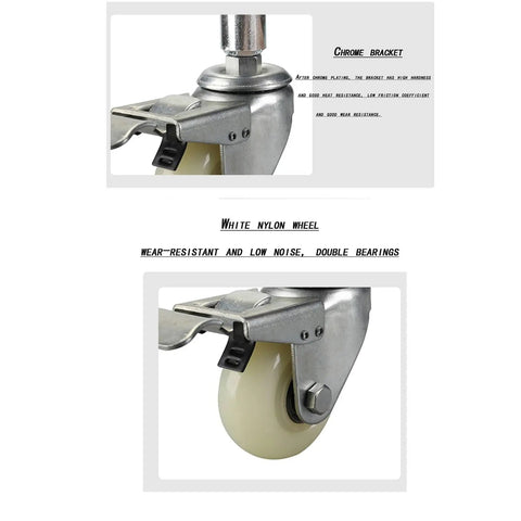 Slick Glide 4 Inch Retractable Factory Door Caster Nylon Spring Shock Absorbing Wheel with chrome bracket and white nylon wheel.