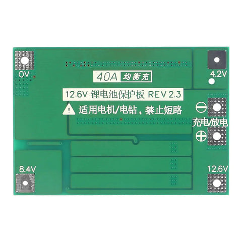 Rock Solid 3S 12V 40A BMS Protection Board for 18650 Lithium Cells, green circuit board, 40A capacity for battery builds.