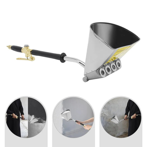 Heavy Duty Four Jet Pneumatic Cement Stucco Sprayer Gun With Upward Angle Nozzle and Air Powered Mortar Hopper showcased from the side.