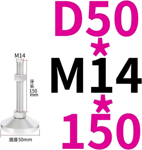 Rock Solid Adjustable Furniture Leveling Feet With Non Slip Stainless Steel Base Anti Wobble Threaded Glides For Uneven Floors Heavy Duty Shock Absorber Pack Of Two dimensions M14 thread and 50mm base.
