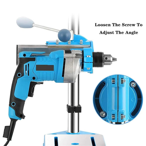 Heavy Duty Drill Press Machine With Rotary Tool, Adjustable Height, showcasing adjustable angle and clamping feature.