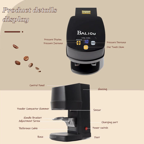 Automatic Espresso Tamper With Adjustable 10 To 30 Kg Pressure For Straight Fire Coffee Extraction Killer Precision No Cap, showing control panel and components.