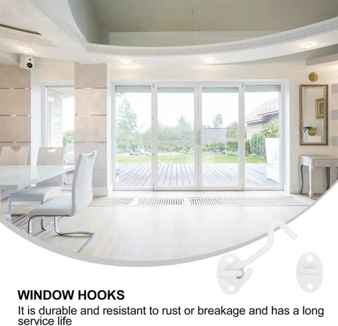 Gate Hook Latch Heavy Duty Stainless Steel Eye Window Garage Bathroom, modern white hooks installed on sliding glass door.