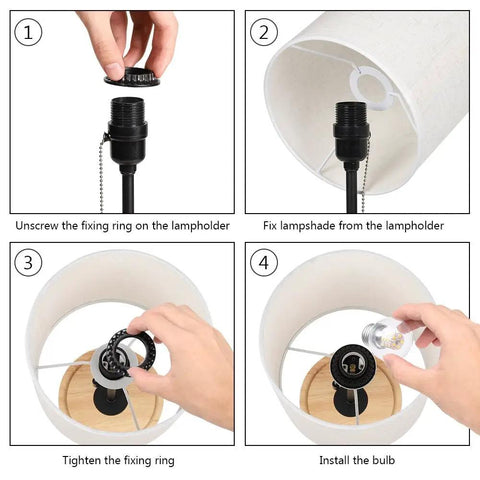 Assembly steps for Modern Wood Bedside Lamp With Linen Fabric Shade And Sturdy Base, Space Saving Nightstand Light