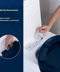 Person showing quick disassembly feature of True White Soft Close Toilet Seat With Easy Top Install For Oval Bowls Built Tough Duroplastic Heavy Duty Bathroom Cover.