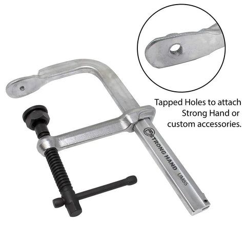 Beefy Regular Duty Bar Clamp 10-1/2 Inch Capacity With 2400 LBS Clamping Force 5-1/2 Inch Throat Depth Metallic UM105 close-up of tapped holes.