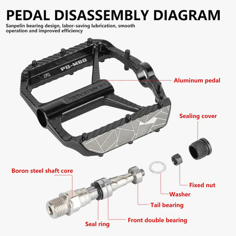 Nine Sixteenth Inch MTB Bike Pedals With Sealed Bearings, Aluminum Alloy Flat Pedals disassembled showing components