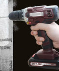 Heavy Hitter Cordless Lithium Electric Hammer Drill With Adjustable Speed And Forward Reverse Rotation Smooth Grip Impact Driver Combo Kit Includes Carry Bag Plus Fast Charger For Everyday Home Tasks, held against wall with drill bit visible.
