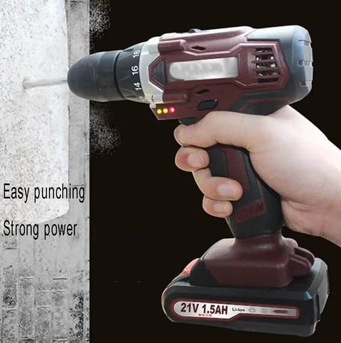 Heavy Hitter Cordless Lithium Electric Hammer Drill With Adjustable Speed And Forward Reverse Rotation Smooth Grip Impact Driver Combo Kit Includes Carry Bag Plus Fast Charger For Everyday Home Tasks, held against wall with drill bit visible.