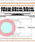 Diagram of Lazy Susan Rotating Turntable Glass Tray size recommendations for dining tables, show different dimensions and spacing.