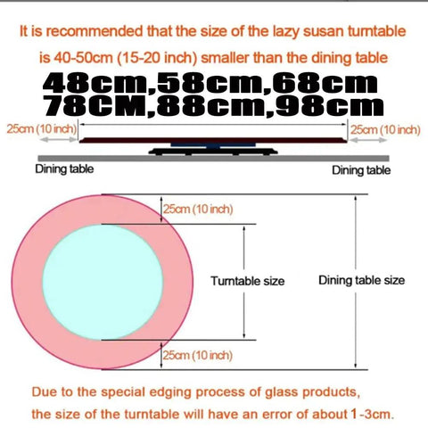 Diagram of Lazy Susan Rotating Turntable Glass Tray size recommendations for dining tables, show different dimensions and spacing.