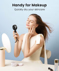 Woman using Mini Portable Handheld Fan With 3 Speeds USB Rechargeable Personal Fan for Makeup