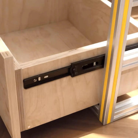 Close-up of 14 Inch Full Extension Drawer Slides 3 Fold Side Mount Glides Beefy 100 Lb Capacity installed on wooden drawer.