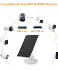 2W Solar Panel For Security Cameras, Solar Charger With Micro USB And USB C Port diagram with camera compatibility