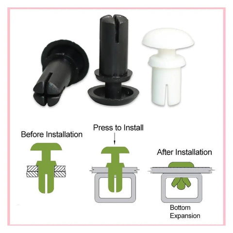 Heavy Duty Nylon Plastic Rivets R Type Expansion Nails showcasing black and white rivets with installation guide.