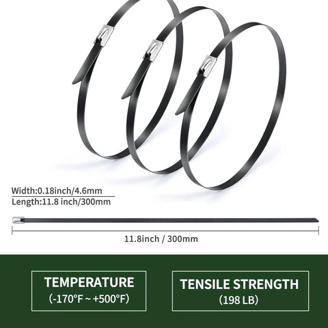 Heavy Duty Stainless Steel Zip Ties 11.8 Inch 100 Count For Outdoor Use Built For Tough Yard Jobs 198 Lb Tensile Strength UV Resistant