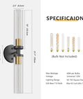 Mermiviok Matte Black Wall Sconces Set of 2, Clear Glass Vanity Lights with dimensions and light bulb specifications.
