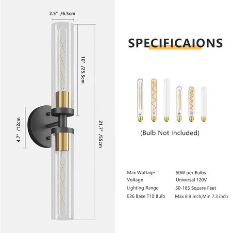 Mermiviok Matte Black Wall Sconces Set of 2, Clear Glass Vanity Lights with dimensions and light bulb specifications.