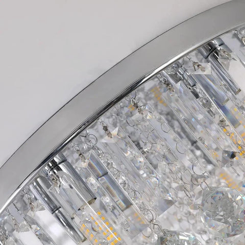 Close-up of Lit Crystal Raindrop Chandelier Flush Mount Ceiling Light With G9 Base Modern K9 Crystal Beads Chrome Finish
