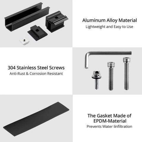 No Sweat Solar Panel Roof Mounting Kit With Six Heavy Duty Four Point Seven Two Inch Rails And Flexible Adjustable End Clamps parts display including aluminum alloy, screws, and EPDM gasket.