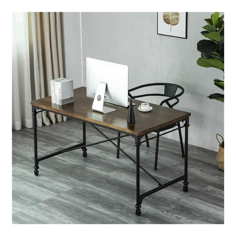 Mobile Computer Desk On Wheels With Smooth Gliding Casters Vintage Industrial Wood And Metal Frame large writing table in home office setting.