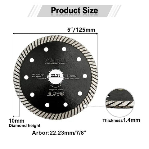 Detailed view of Beast Mode Ultra Thin Diamond Turbo Blade Set For Wet And Dry Cutting Porcelain Ceramic Tile And Granite 5 Inch 125mm Dia showcasing its dimensions and design.
