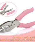 Three Piece Metal Handheld Paper Punch Set with plastic handle, showing detachable pink grip detail, focus on single hole punch tool.