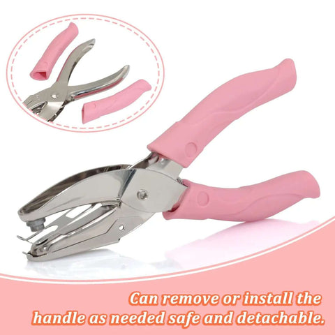 Three Piece Metal Handheld Paper Punch Set with plastic handle, showing detachable pink grip detail, focus on single hole punch tool.