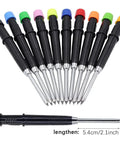 Set of precision screwdrivers with multicolored caps on white background.