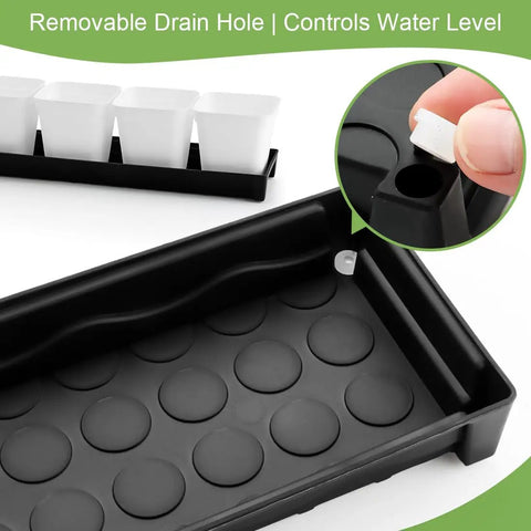 Close-up of Five Pack Plastic Window Sill Plant Saucers With Removable Drain Hole Rectangular 16 By 5.5 By 1.5 Inches Thick Black Trays