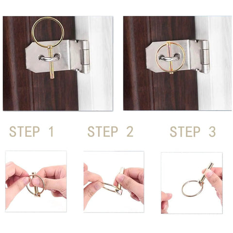 Heavy Duty Three Eighths By One And Three Quarters Inch Locking Trailer Gate Pin Set installed on hinge with hand setup steps