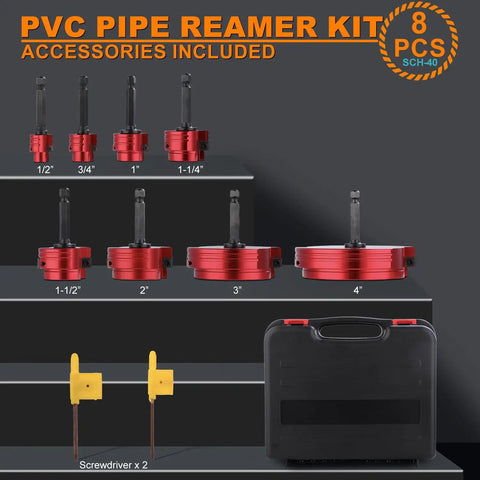 Dual Blade PVC Pipe Reamer Kit Eight-Piece with dual carbide blades, 1/2 to 4 inch sizes, accessories and case for piping cleanup.