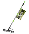 65 Inch Bow Rake For Heavy Duty Garden Work With 17 Tine Metal Head And High Strength Adjustable Handle, angled view
