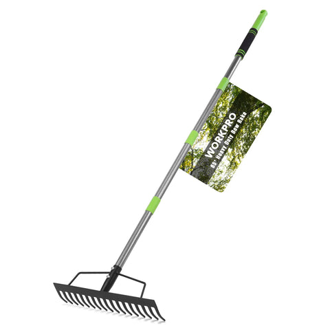 65 Inch Bow Rake For Heavy Duty Garden Work With 17 Tine Metal Head And High Strength Adjustable Handle, angled view