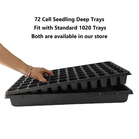 Deep 72-Cell Seedling Tray Set For 1020 Flats Big Cell Plug Trays being handled, showing nesting feature, Tough As Nails Durable Nursery Seedling Trays For Fast Germination, 10 Pack, Dimensions 21.25 By 11 By 2.36 Inches, Root Friendly Deep Cells