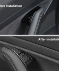 Before and after installation of Carbon Fiber Interior Window Switch Panel Covers Trim Decoration Kit For Tesla Model 3 2017-2023 And Model Y 2020-2023, Premium ABS Plastic Upgrade.