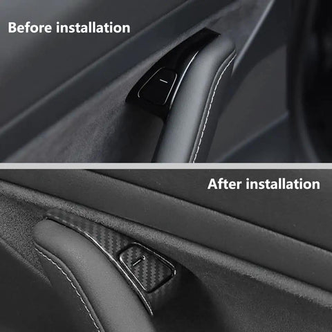 Before and after installation of Carbon Fiber Interior Window Switch Panel Covers Trim Decoration Kit For Tesla Model 3 2017-2023 And Model Y 2020-2023, Premium ABS Plastic Upgrade.